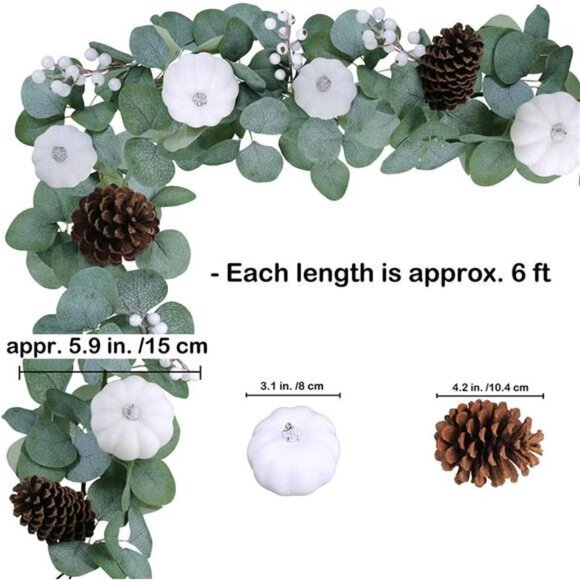White Pumpkin Garland Artificial Eucalyptus with White Pumpkins Pinecones - Picture 2 of 8